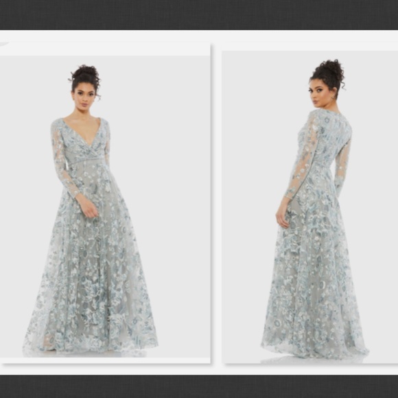 NWT $798 Mac Duggal Embellished V Neck Illusion Long Sleeve A Line Gown-Size 10